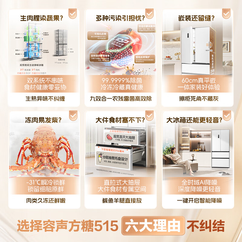 Rongsheng Tangtang 515L French multi-door refrigerator dual system ultra-thin zero-embedded active sterilization first-level energy efficiency frost-free white BCD-515P60FZMAD national subsidy World Cup