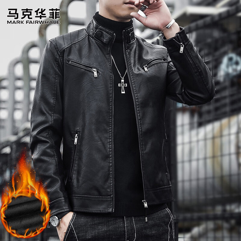 MARK FAIRWHALE leather men's work jacket men's winter stand-up collar handsome motorcycle jacket men's top black velvet XL