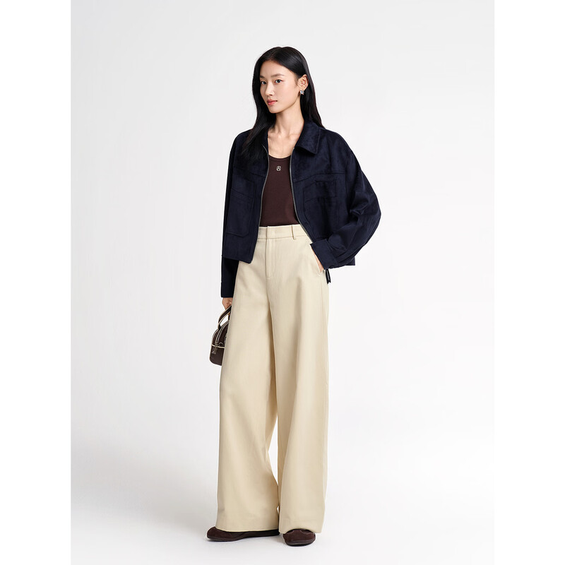 Jiuzi Annako retro low-key motorcycle style imitation suede lapel off-shoulder jacket for women 2026 spring new style Zhangqing XL