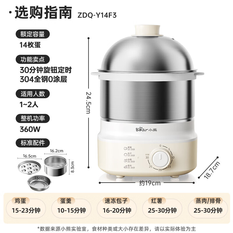 Bear egg steamer, automatic power off, small stainless steel multi-function, double-layer breakfast steamed egg breakfast artifact ZDQ-Y14F3