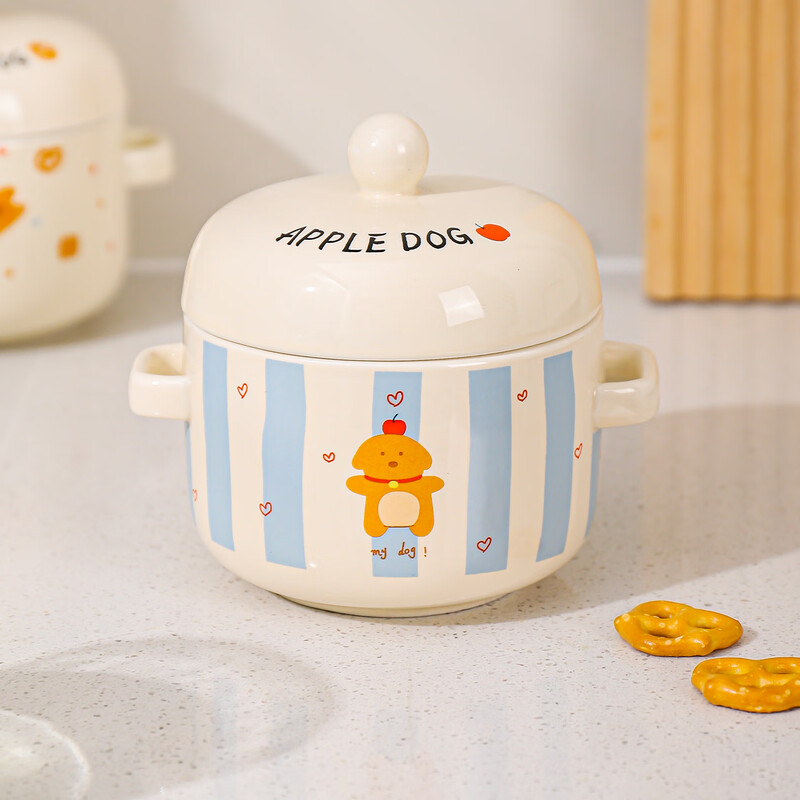 Kawashimaya stew pot, water-proof stew household ceramic pot with lid, special bowl for soup and steamed egg custard, small stew pot for one person, double ear stew pot 550ml-Apple Dog