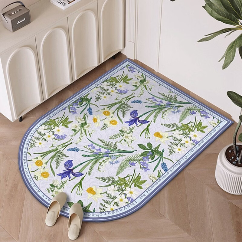 Fantasy green entrance door floor mat, retro door leather shoe mat, entry door washable, cut and shoe carpet, L green semicircle 80x120CM, wear-resistant and scratch-resistant, clean entry