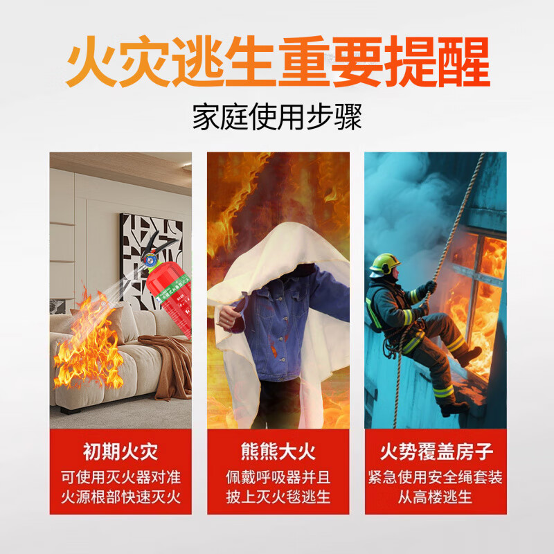 Household fire equipment set, four-piece household fire blanket, water-based fire extinguisher, high floor fire escape equipment, double escape set, deluxe version