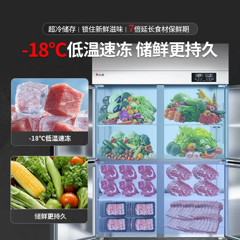 CHIGO Commercial Four-Door Refrigerator Freezer Large Capacity Kitchen Stainless Steel Dual Temperature Six-Door Refrigerator Catering Hotel Back Kitchen Freezer Upright Freezer Commercial Fresh Cabinet Kitchen Refrigerator Standard Model 680 Liter Dual Temperature Upper Refrigeration and Lower Freezing Copper Tube-18