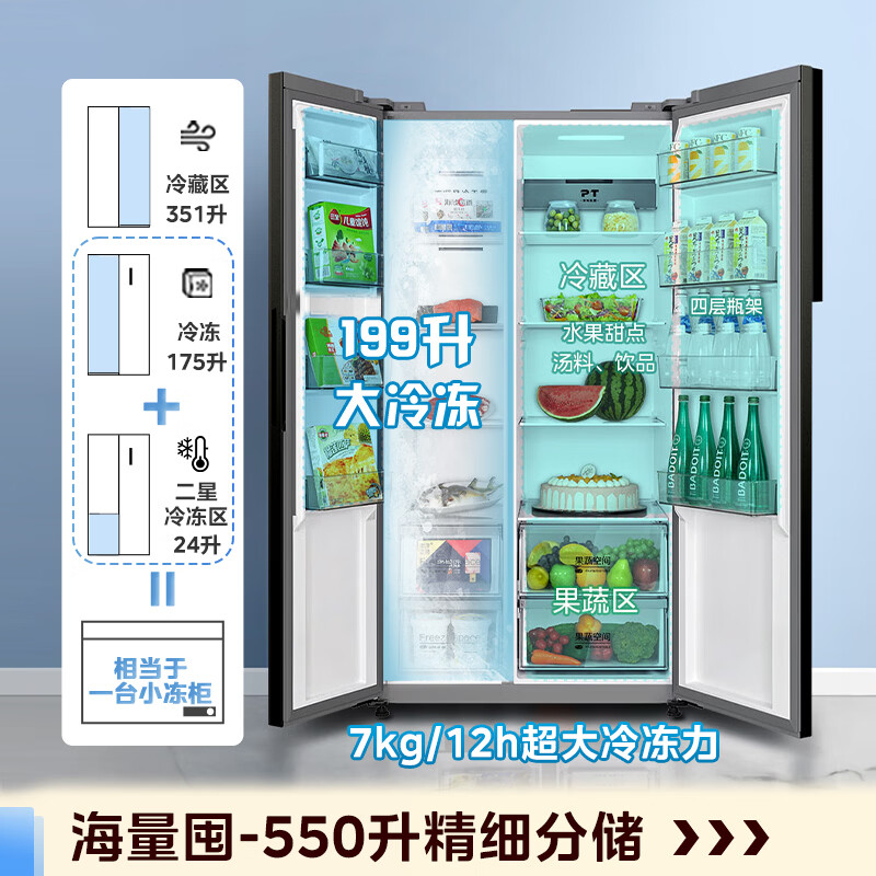 Midea 550L side-by-side refrigerator first-class energy efficiency and energy saving dual frequency conversion air-cooled frost-free large capacity trade-in BCD-550WKPZM (E) national subsidy