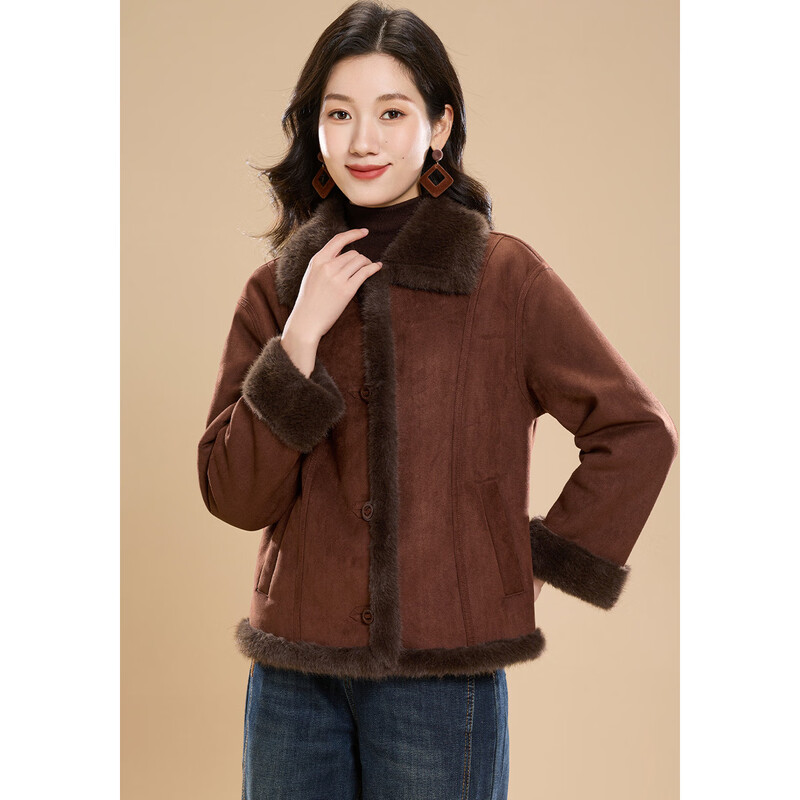 Kerber plus velvet warm lapel short coat for women winter 2025 Maillard atmosphere single-breasted imitation fur jacket M