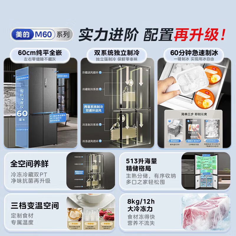 Midea M60 series 539 cross four-door automatic ice making all-in-one refrigerator ultra-thin flat screen fully embedded bottom cooling air-cooled frost-free state subsidy black