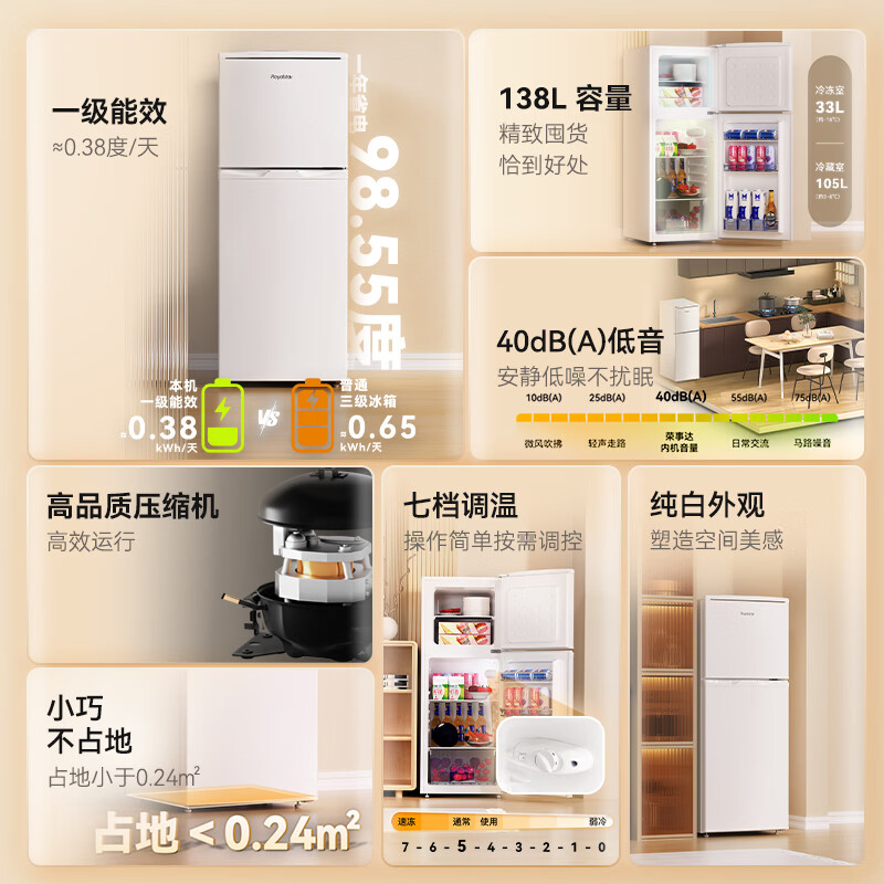 Royalstar 138 liter small refrigerator small home rental room office dormitory double door two door double door two door refrigerator energy saving bass BCD-138L9RSZ