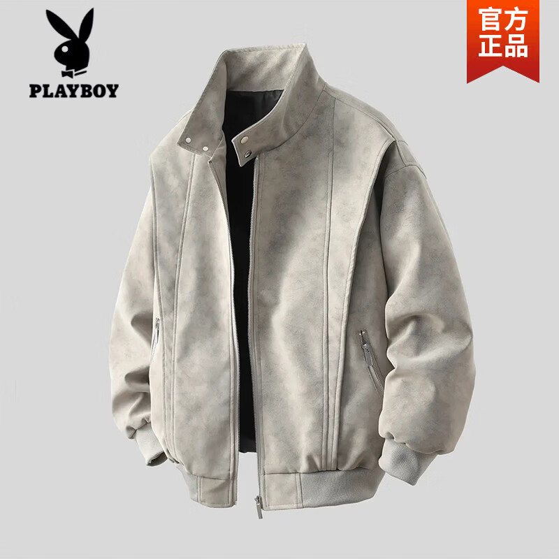 Playboy (PLAYBOY) Jackets for Men and Women Spring and Autumn American Retro Baseball Collar Casual Loose Maillard Washed Leather Jacket Men Gray High Quality L