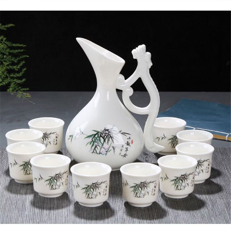 Fantasy wine pot, ancient style creative ceramic household, one pound of wine pot, white wine, one cup, antique wine separator, sake belt handle, bamboo newspaper safe dragon pot, 1 pot, 10 cups (free stopper)