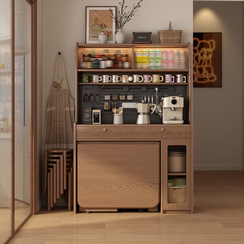 Isabel foldable dining table and side cabinet integrated wall-mounted small household solid wood dining table and chairs, antique style living room storage wine cabinet, single cabinet | 8000W guide rail socket, can be embedded in the storage dining table