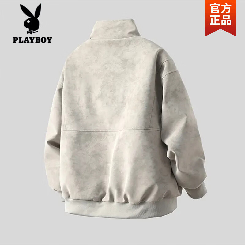 Playboy (PLAYBOY) Jackets for Men and Women Spring and Autumn American Retro Baseball Collar Casual Loose Maillard Washed Leather Jacket Men Gray High Quality L