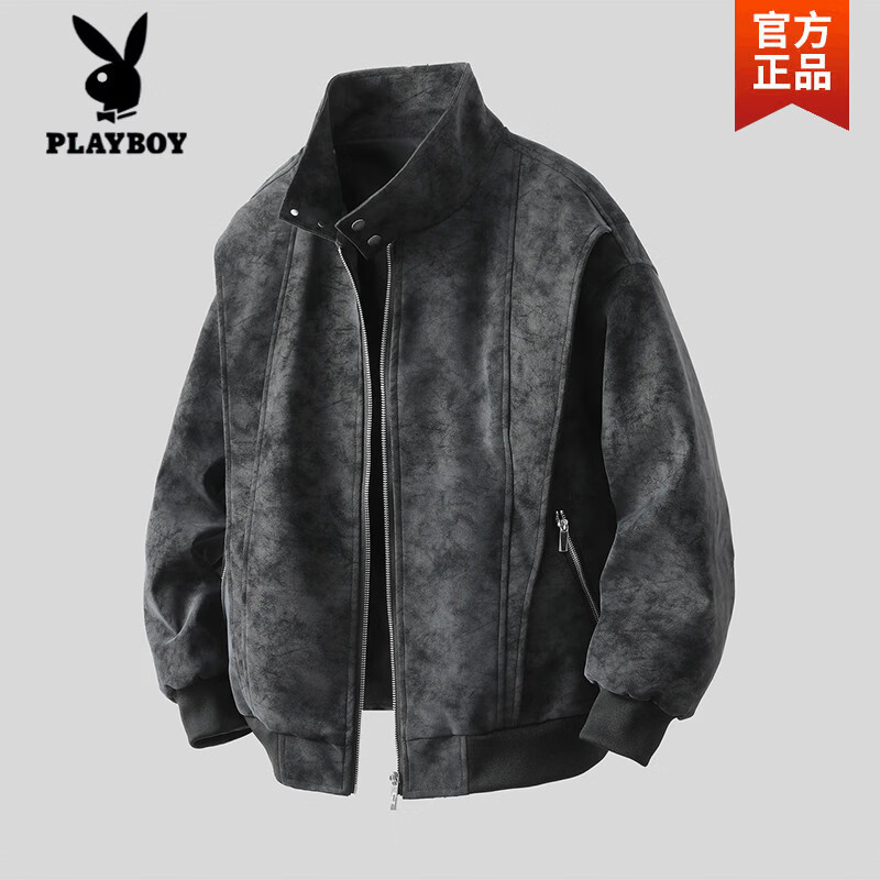 Playboy (PLAYBOY) Jackets for Men and Women Spring and Autumn American Retro Baseball Collar Casual Loose Maillard Washed Leather Jacket Men Gray High Quality L