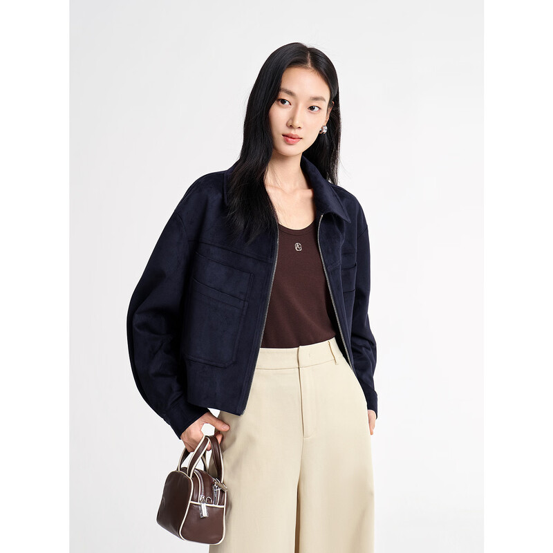 Jiuzi Annako retro low-key motorcycle style imitation suede lapel off-shoulder jacket for women 2026 spring new style Zhangqing XL