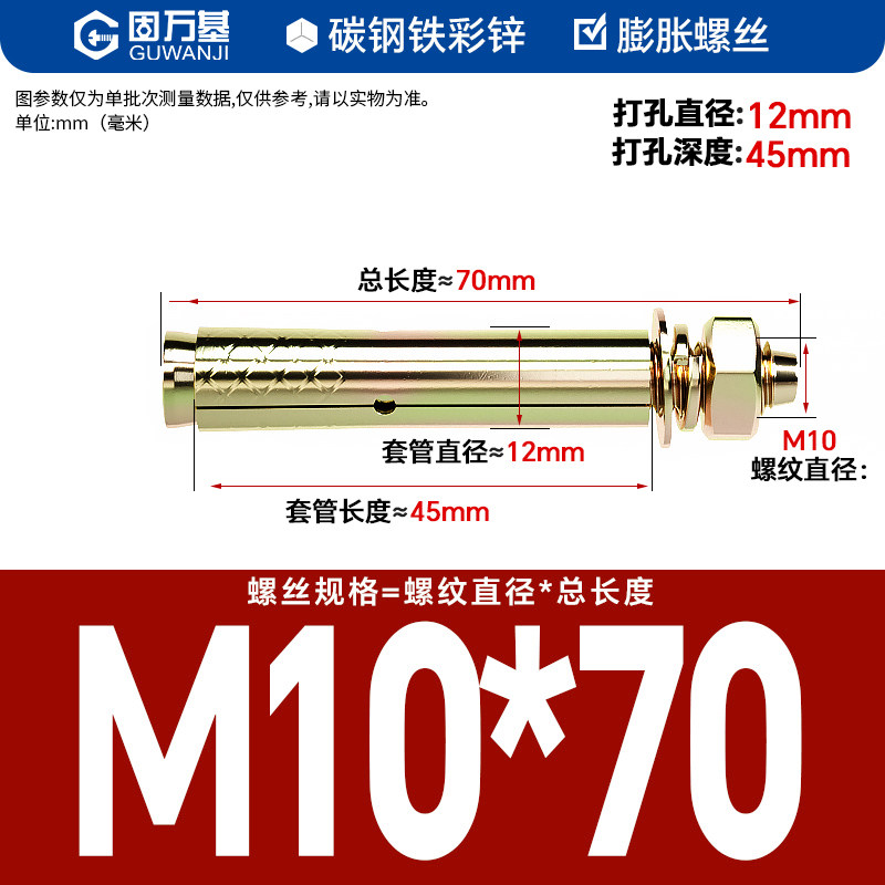 GUWANJI casing type expansion anchor, galvanized expansion screw, external expansion bolt, explosive screw expansion tube, M10x70, 10 pcs/pack