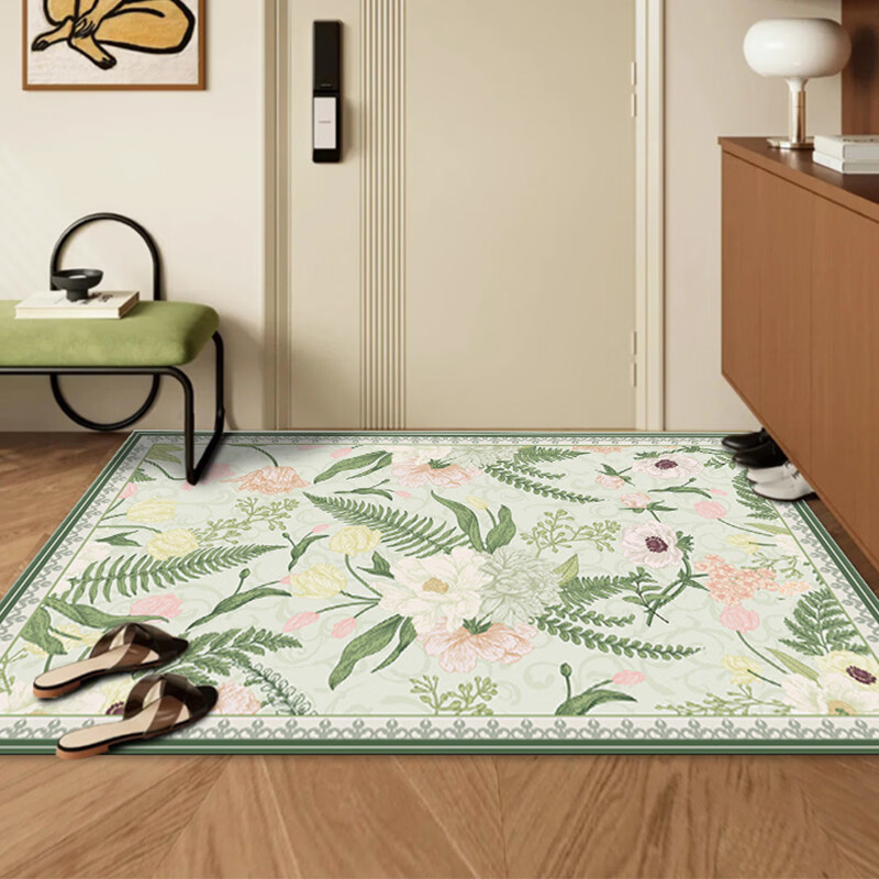 Fantasy green entrance door floor mat, retro door leather shoe mat, entry door washable, cut and shoe carpet, L green semicircle 80x120CM, wear-resistant and scratch-resistant, clean entry