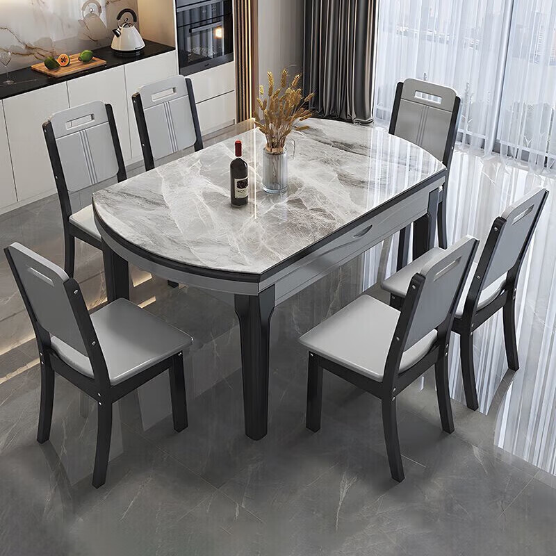 Jingxi Selection Slate Dining Table and Chair Combination Simple, Light and Luxurious Folding Telescopic Variable Round Table Small Apartment Dining Table Black + White Frame Bright Snow Mountain White-Pineapple Chair Style 1.35m One Table Six Chairs 12MM Thickened Slate