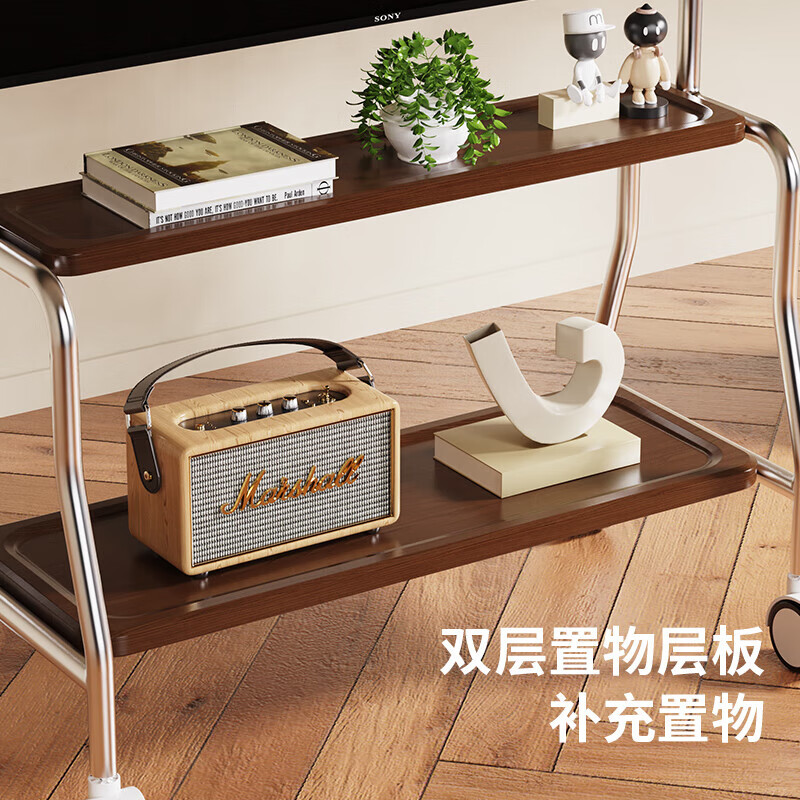 TV mobile bracket stainless steel floor cart with wheels hanging rack living room small apartment TV cabinet 55/75 walnut color stainless steel double layer + perforated board suitable for 32-75 inches solid wood