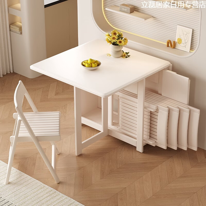 Yusenyi Folding Dining Table Small Household Dining Table Integrated Sideboard Wall Folding Mobile Table Cream White 1.5 Meter Full Solid Wood Folding Dining Table + Folding Chairs x2