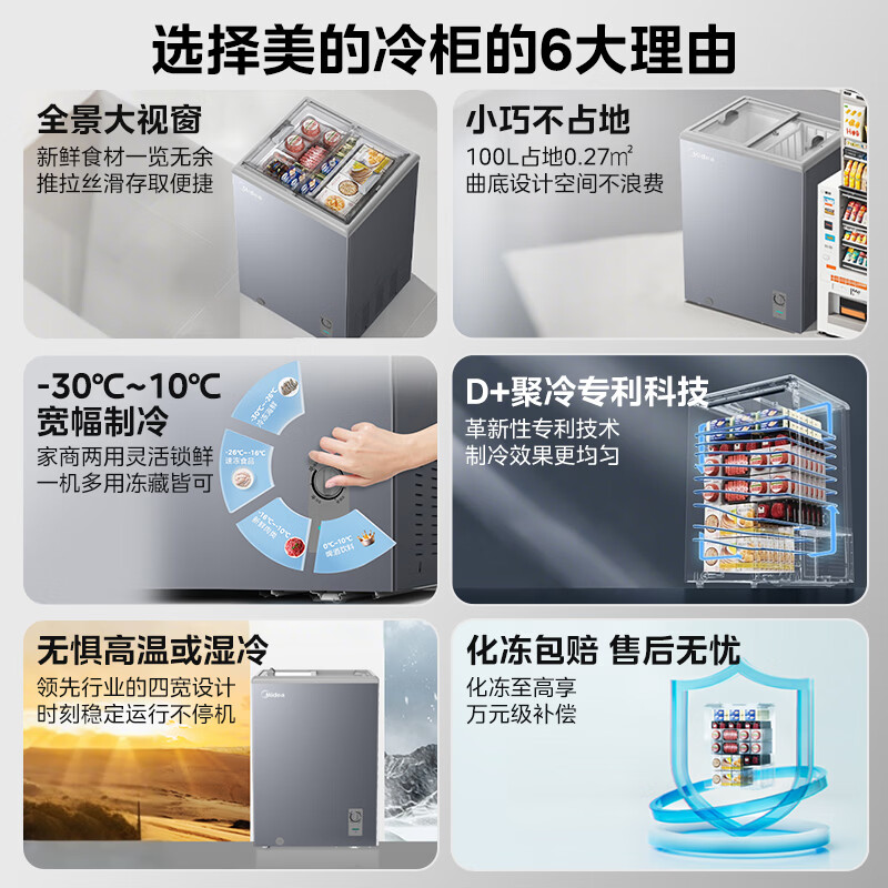 Midea's ready-made home freezer refrigerator ice cream cabinet small freezer display cabinet commercial large-capacity refrigerated fresh-keeping cabinet freezer dual-use first-class energy-saving display cabinet 100L comes with rollers upgraded with lock
