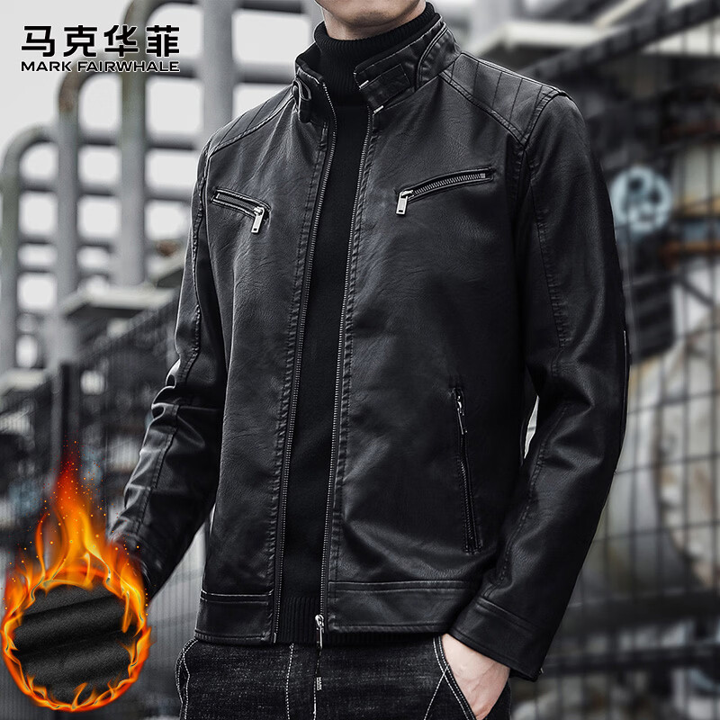MARK FAIRWHALE leather men's work jacket men's winter stand-up collar handsome motorcycle jacket men's top black velvet XL