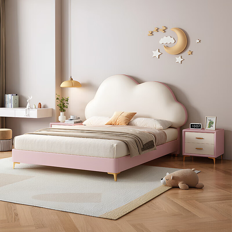 Children's bed girl 1.2m leather bed single Nordic 1.8m simple double bed storage princess bed cloud bed bed + T333 fully disassembled latex mattress + 1 cabinet + delivery and installation 1.35m * 2.0m three pumps + air pressure structure