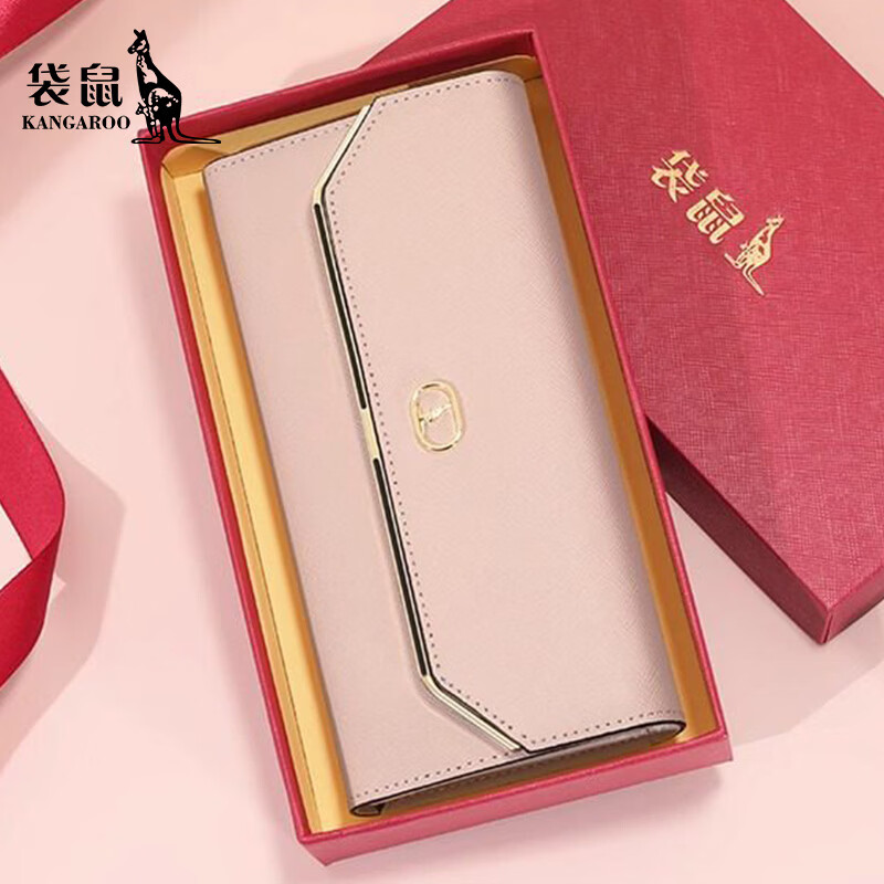 Kangaroo wallet women's genuine leather 2025 new fashionable clutch large capacity long women's clutch multi-card slot Korean version girly pink