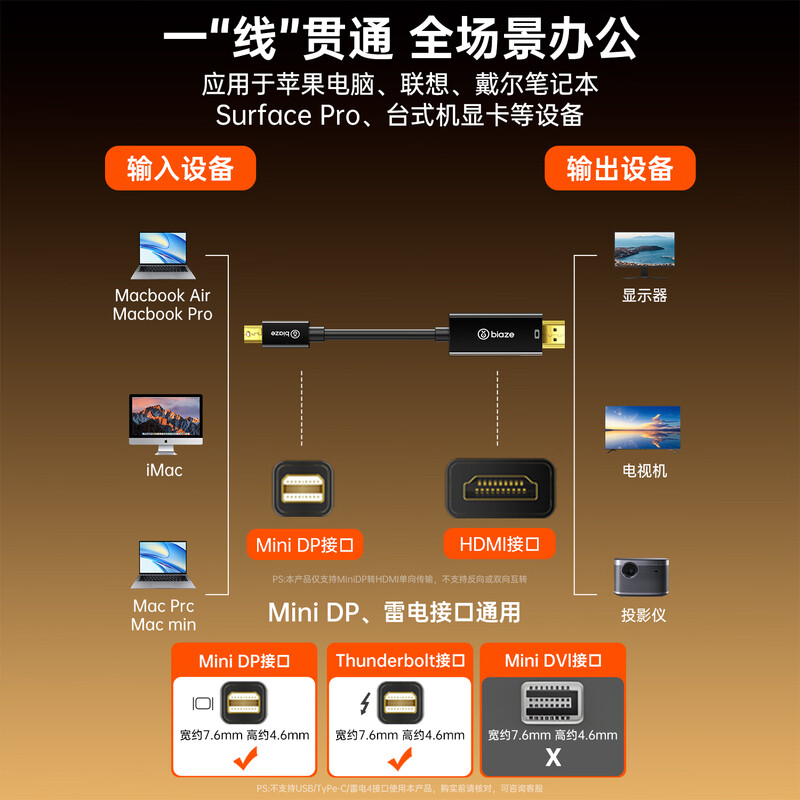 Biaz Mini DP to HDMI conversion cable 1.8m adapter Surface Apple Mac Leadtek graphics card mini dp thunderbolt interface computer connected to projector extension black