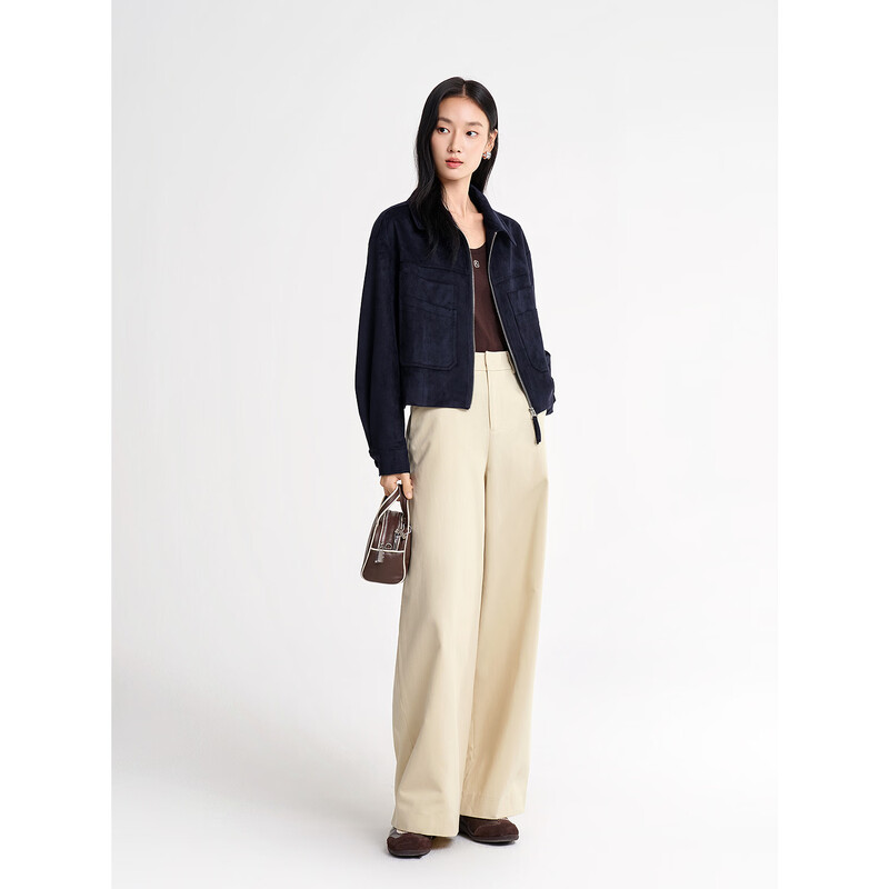 Jiuzi Annako retro low-key motorcycle style imitation suede lapel off-shoulder jacket for women 2026 spring new style Zhangqing XL