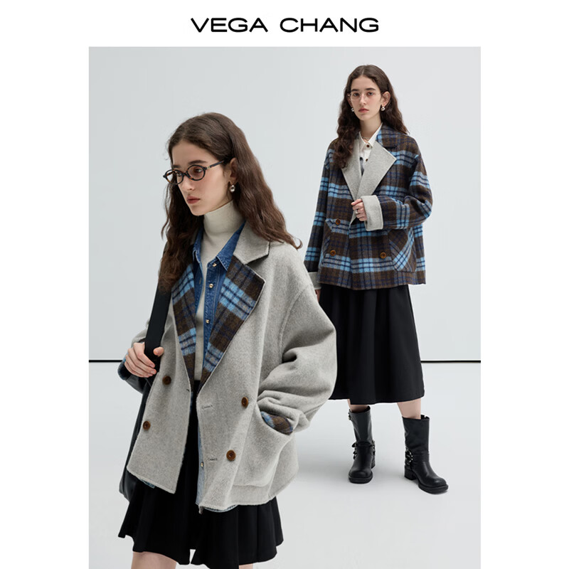 VEGA CHANG double-sided woolen coat for women winter small alpaca woolen coat Nordic blue plaid S