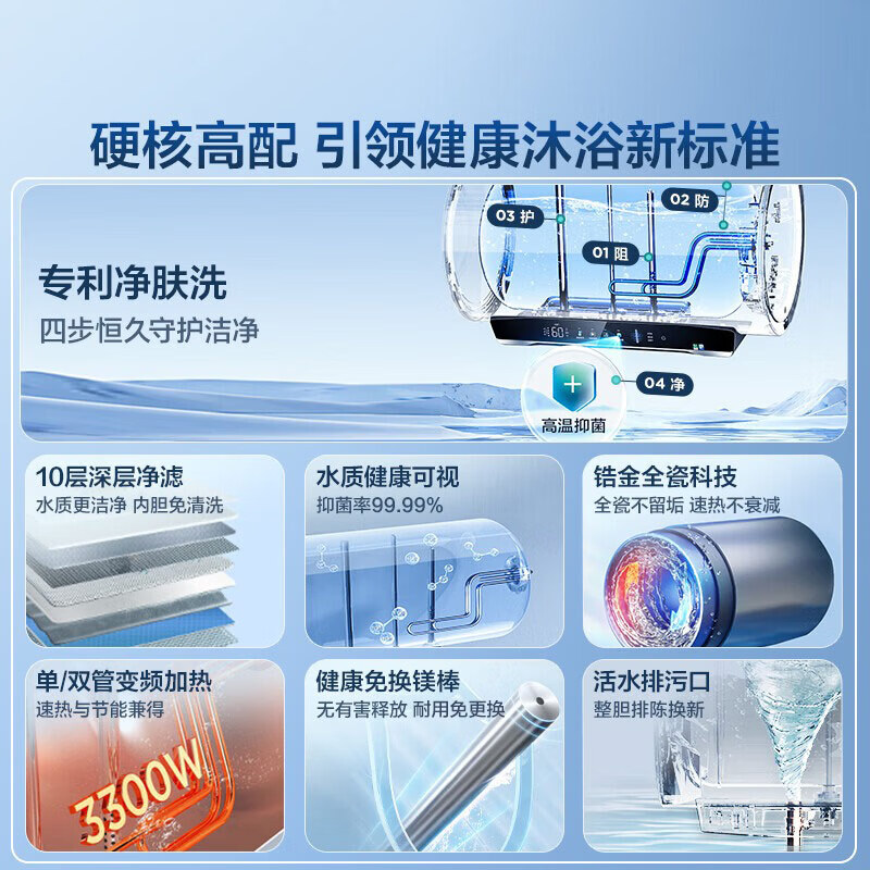 Haier's state-subsidized electric water heater 60 liters Xiaohonghua JH7 scale-free fresh water cleansing cleansing 3300W variable frequency fast heating first-class energy efficiency household water storage type