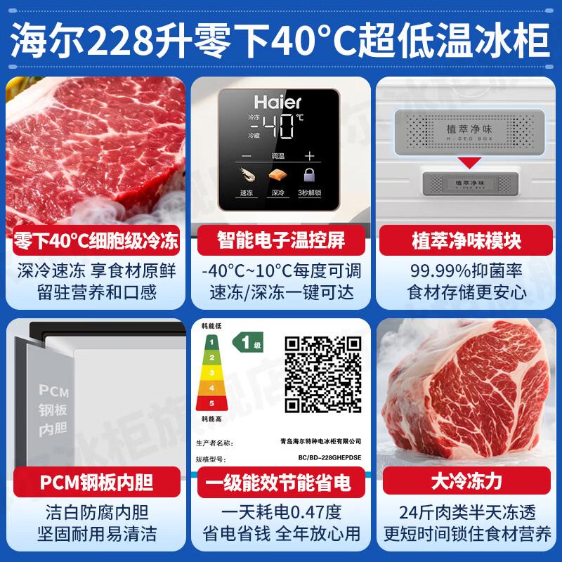 Haier Freezer Subzero -40 Degree Ultra Low Temperature Freezer Commercial Large Capacity Freezer Seafood Quick Freezer Cell Level Freezer Home Large Capacity Freezer First Level Energy Efficiency Frost Reduction 80% 228L Newly Upgraded Frequency Converter -40 Degree Quick Freeze + Triple Antibacterial 228L