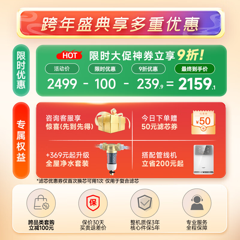 Smith (A.O.SMITH) Garnet water purifier household kitchen direct drinking water purifier reverse osmosis small volume 5-year-old RO membrane CR2000BM1 2.64 liters/minute large flow rate constant net 0 old water full-time high water efficiency