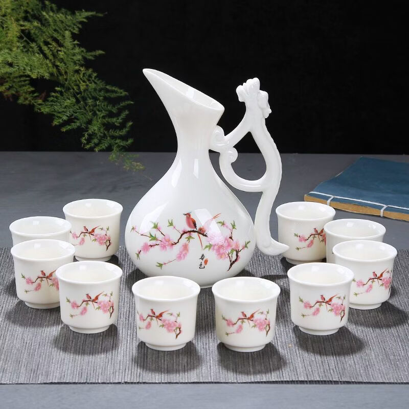 Fantasy wine pot, ancient style creative ceramic household, one pound of wine pot, white wine, one cup, antique wine separator, sake belt handle, bamboo newspaper safe dragon pot, 1 pot, 10 cups (free stopper)