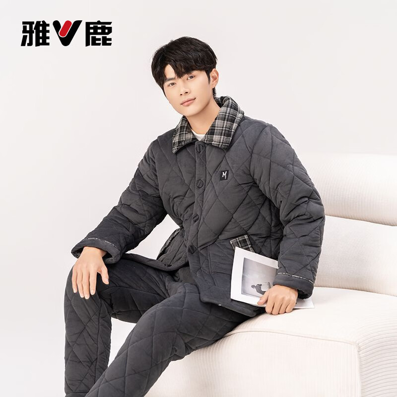Yalu 2026 new anti-static pajamas for men winter three-layer thickened quilted waterproof and windproof warm home clothes set dark gray - top + pants M embroidery XL 130 catties-150 catties