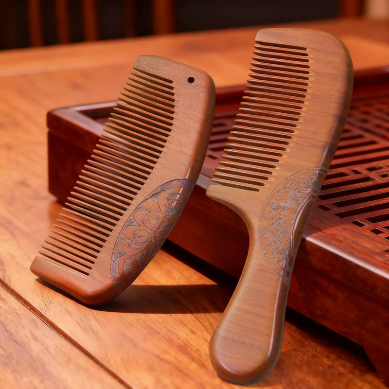 Jipindi Natural Sandalwood Comb Authentic Wooden Comb Home Golden Sandalwood Long Hair Men and Women Special Combination Recommended Sandalwood Carved Handle Comb 19cm + Moon Shape 14cm