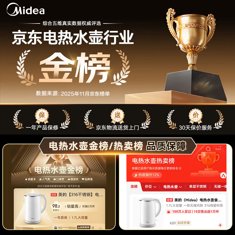 Midea electric kettle food-grade 316L stainless steel double-layer seamless integrated inner tank anti-scalding kettle 1.7L automatic intelligent power off SH17M301PRO