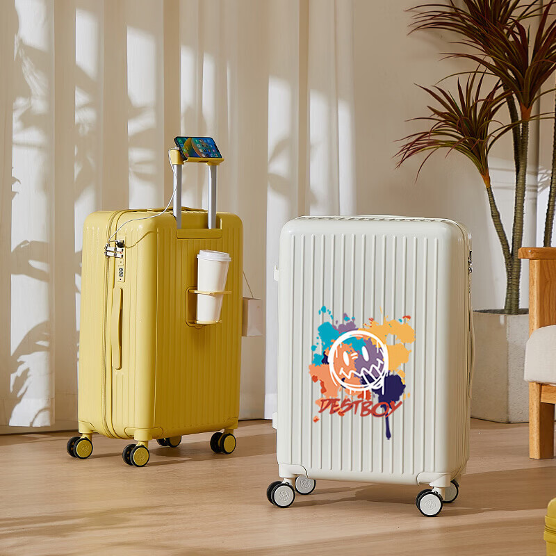 VENDOGERL suitcase for girls with good looks 2025 new 20-inch trolley case with personalized password travel leather case cute cartoon zipper single box cream white_graffiti smiley 24-inch USB dual charge + mobile phone holder + water cup holder