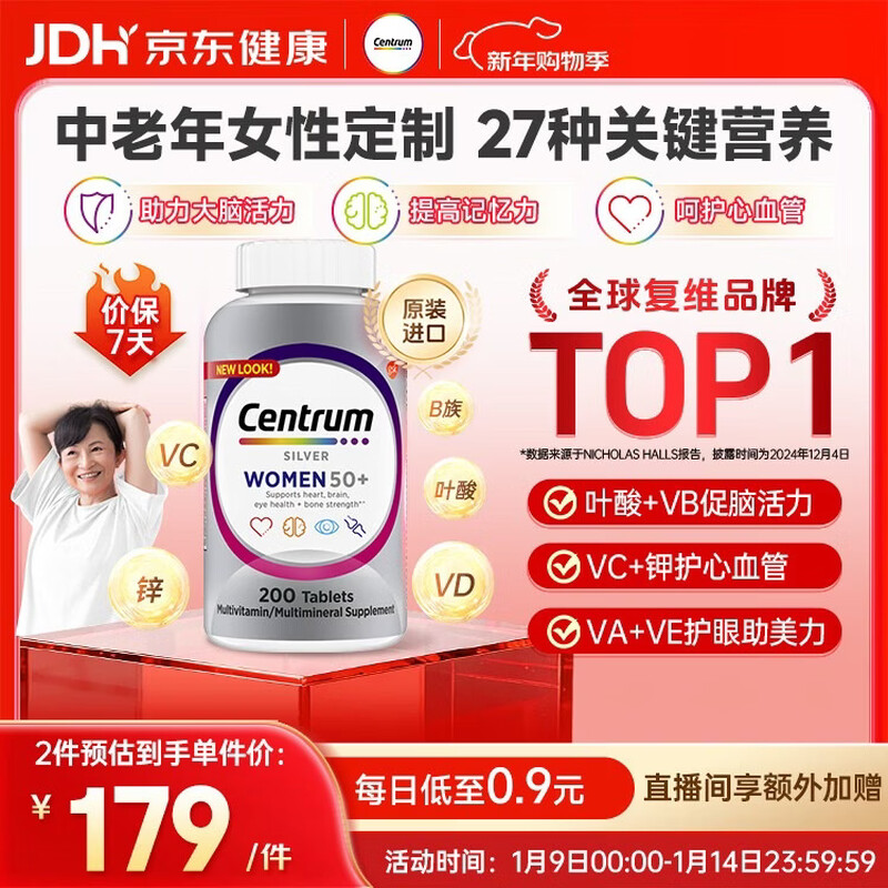 Centrum Overseas Multivitamin for Middle-aged and Elderly Women Niacinamide B12VD3 Zinc Potassium Iron Brain Vitamin 200 Tablets