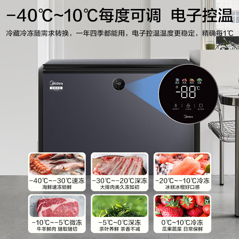 Midea Quick Freeze King Series Single Temperature Household Freezer Frost Reduction 80%-40 Cryogenic Fresh Lock PCM Alloy Liner First Level Energy Efficiency Electronic Temperature Control 100/142/200 Liter Gray 281L 281L Frequency Converter Air Cooling Frost-free Top Flagship