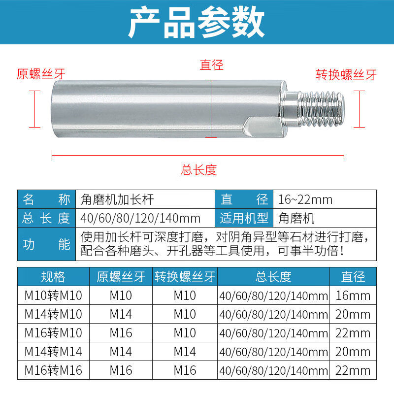 Yaowanxi angle grinder lengthened connecting rod extension rod angle grinder multifunctional modification accessories drilling and polishing screw shaft M10 extension rod 4 cm
