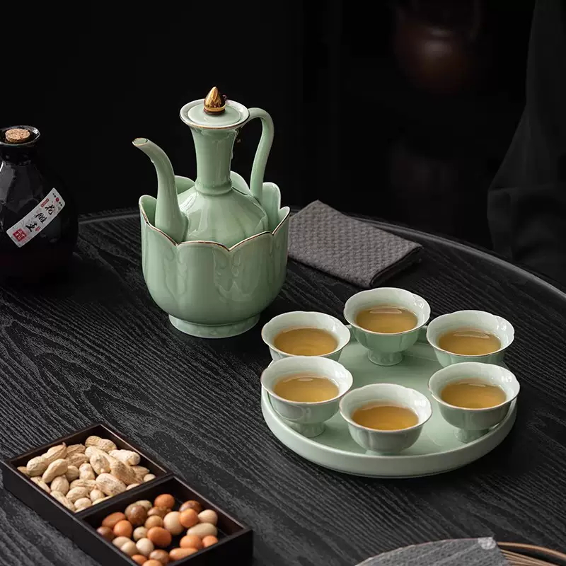 Yusenyi high-end ceramic wine warmer constant temperature wine jug retro imitation Song Dynasty wine set white wine rice wine household wine glass gift box set gold-painted plum green 1 pot 1 bowl 6 cups 1 ceramic plate