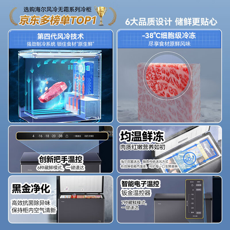 Haier household freezer horizontal freezer frost-free air-cooled first-level energy efficiency ultra-low temperature freezer quick-freezer fruit and vegetable refrigerator fresh food preservation cabinet 241 liters sheet metal/-38 ultra-low temperature air-cooled frost-free/first-level energy efficiency