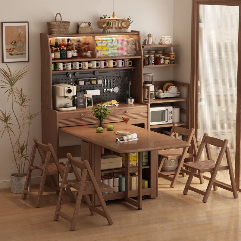 Isabel foldable dining table and side cabinet integrated wall-mounted small household solid wood dining table and chairs, antique style living room storage wine cabinet, single cabinet | 8000W guide rail socket, can be embedded in the storage dining table