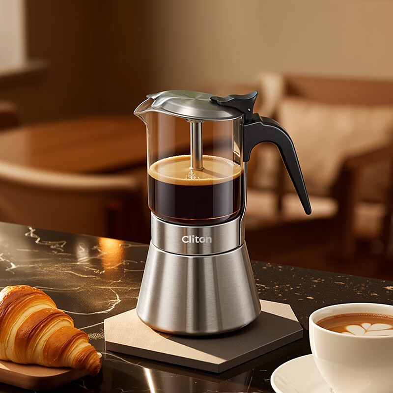 CLITON stainless steel glass double valve Moka pot homemade convenient espresso brewing hand-brewed coffee pot electric ceramic stove appliance