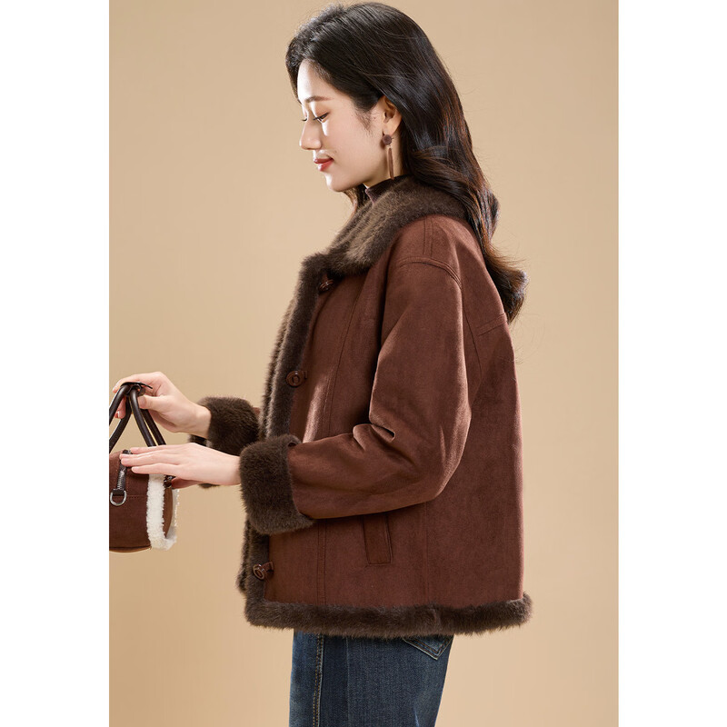 Kerber plus velvet warm lapel short coat for women winter 2025 Maillard atmosphere single-breasted imitation fur jacket M