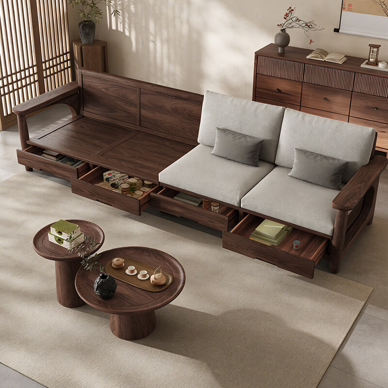 Small wooden nest sofa Song's aesthetic all solid wood sofa living room 2025 new small apartment sofa combination black walnut straight three-seat combination