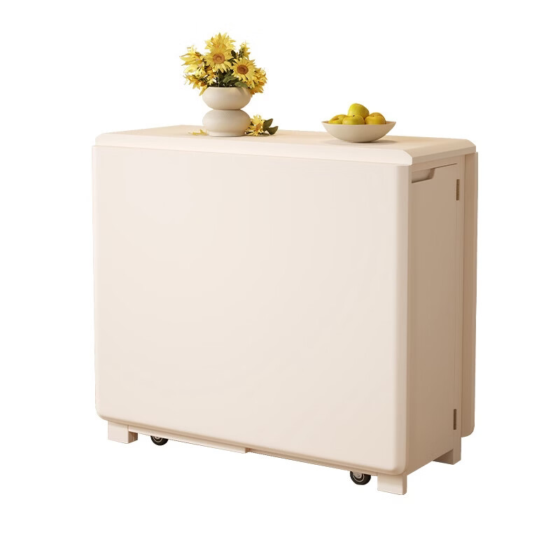 Yusenyi Folding Dining Table Small Household Dining Table Integrated Sideboard Wall Folding Mobile Table Cream White 1.5 Meter Full Solid Wood Folding Dining Table + Folding Chairs x2