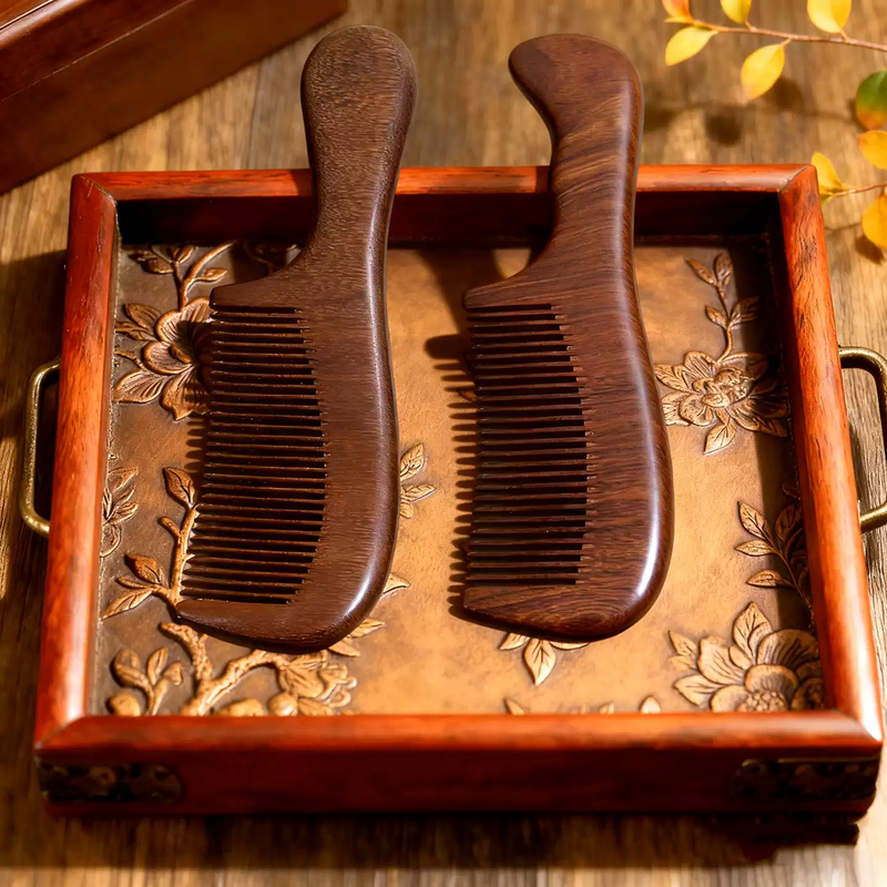Jipindi Natural Sandalwood Comb Authentic Wooden Comb Home Golden Sandalwood Long Hair Men and Women Special Combination Recommended Sandalwood Carved Handle Comb 19cm + Moon Shape 14cm