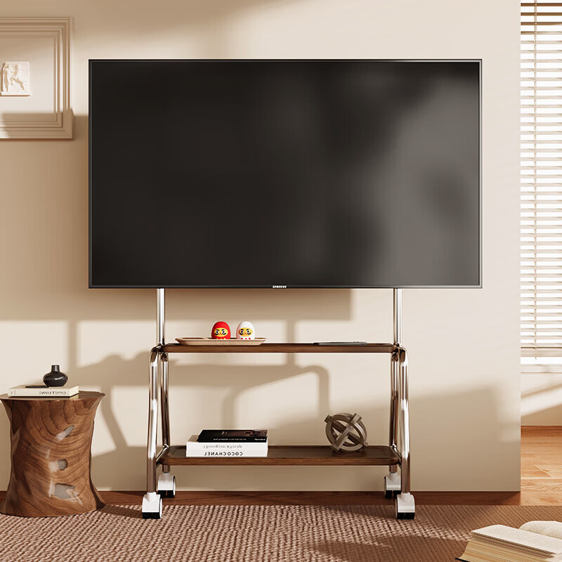 TV mobile bracket stainless steel floor cart with wheels hanging rack living room small apartment TV cabinet 55/75 walnut color stainless steel double layer + perforated board suitable for 32-75 inches solid wood